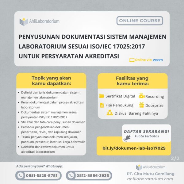 Pelatihan Penyusunan Dokumentasi Sistem Manajemen Laboratorium Sesuai ISO 17025 2017 untuk Persyaratan Akreditasi Lab
